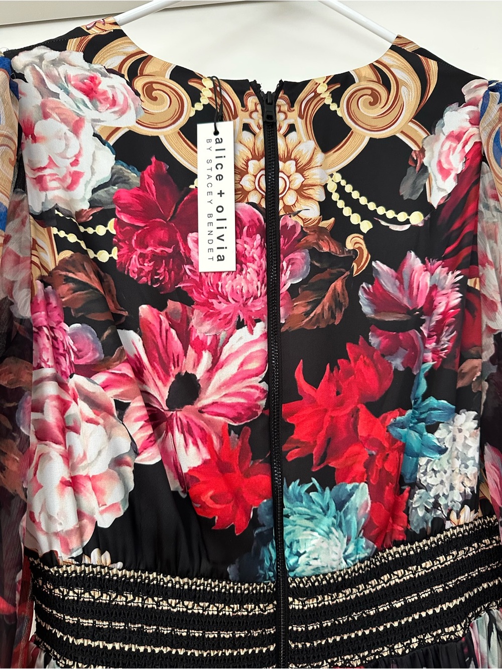 Alice + Olivia Multicolor Floral Pleated V-Neck Long Sleeve Midi Dress - Picture 6 of 9